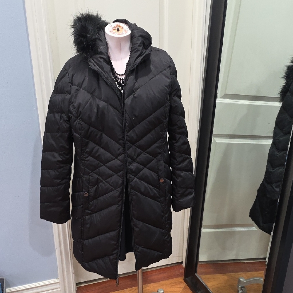 Kenneth Cole Reaction Black Puffer‎ Coat with Faux Fur Trim